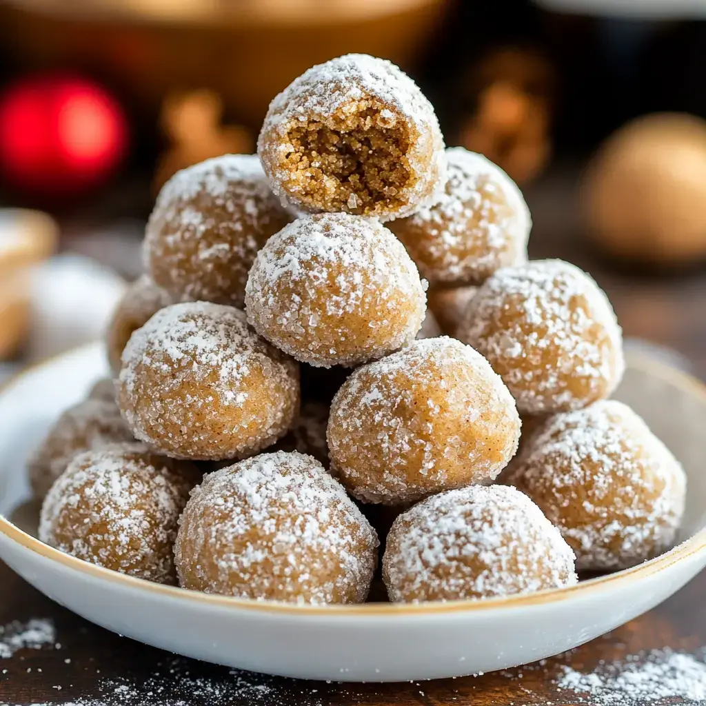 A stack of sugary, bite-sized cookies with one showing its soft inside.