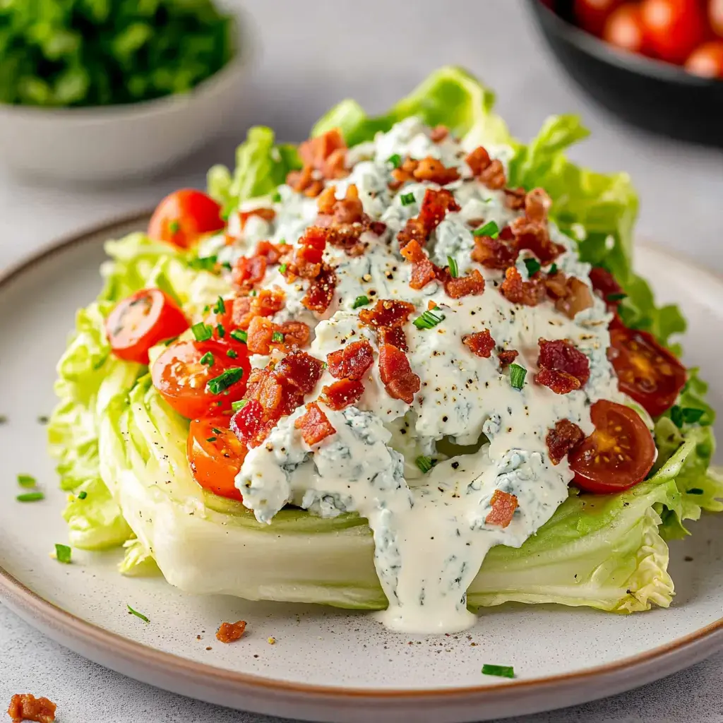 A vibrant salad with iceberg lettuce, cherry tomatoes, bits of bacon, and creamy dressing, served on a plate with fresh herbs scattered in the background.