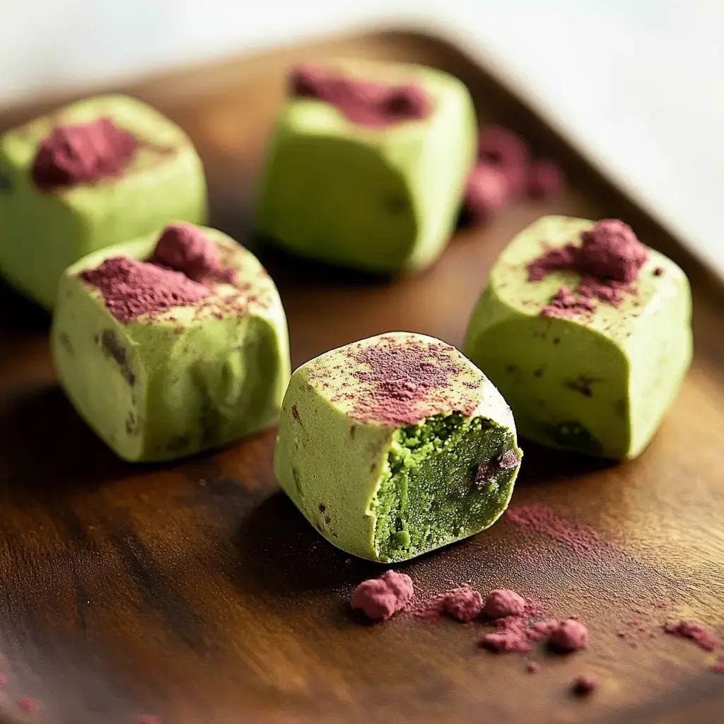 Green cubes of matcha chocolate with reddish powder on top, one bitten open to show the filling.