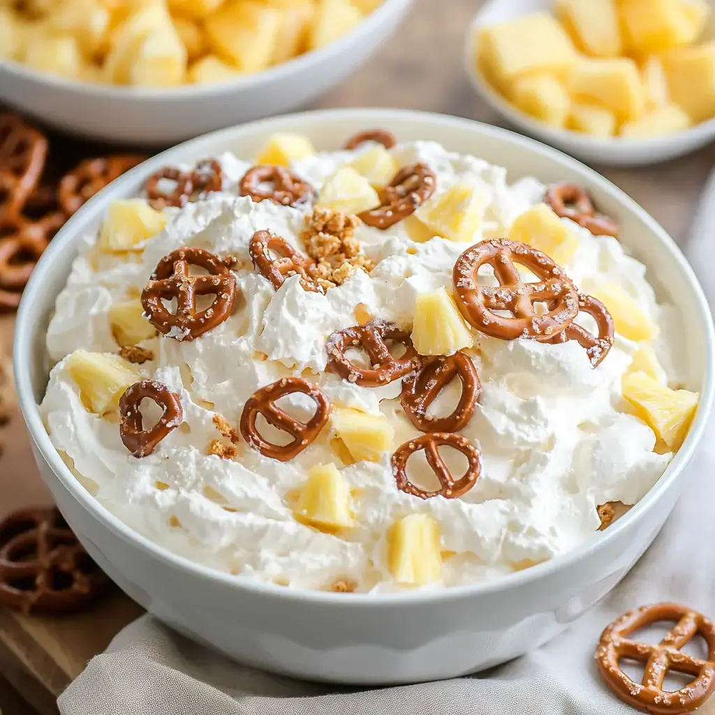 Big bowl of creamy fluff with pineapple and pretzels on top.
