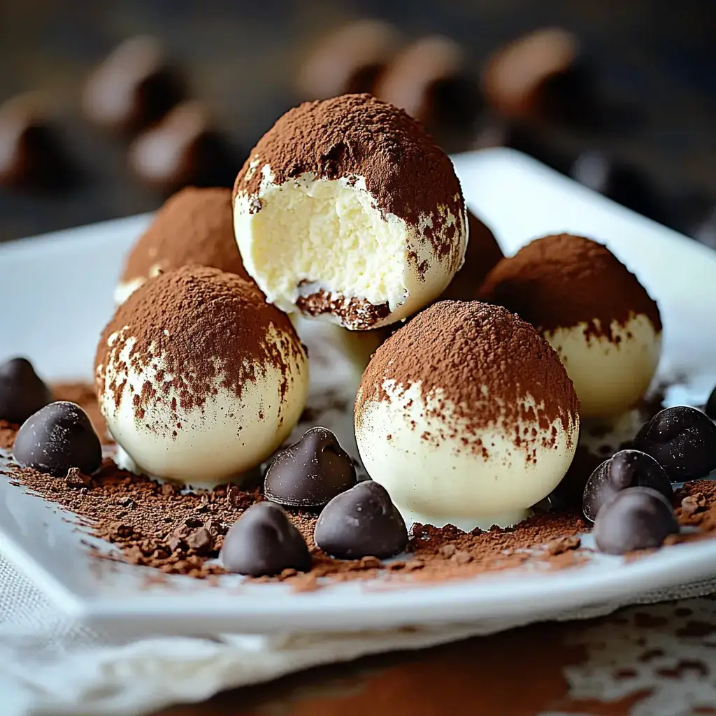 A plate full of chocolate-covered truffles dusted with cocoa powder. One bitten truffle sits among scattered cocoa and chocolate chips.