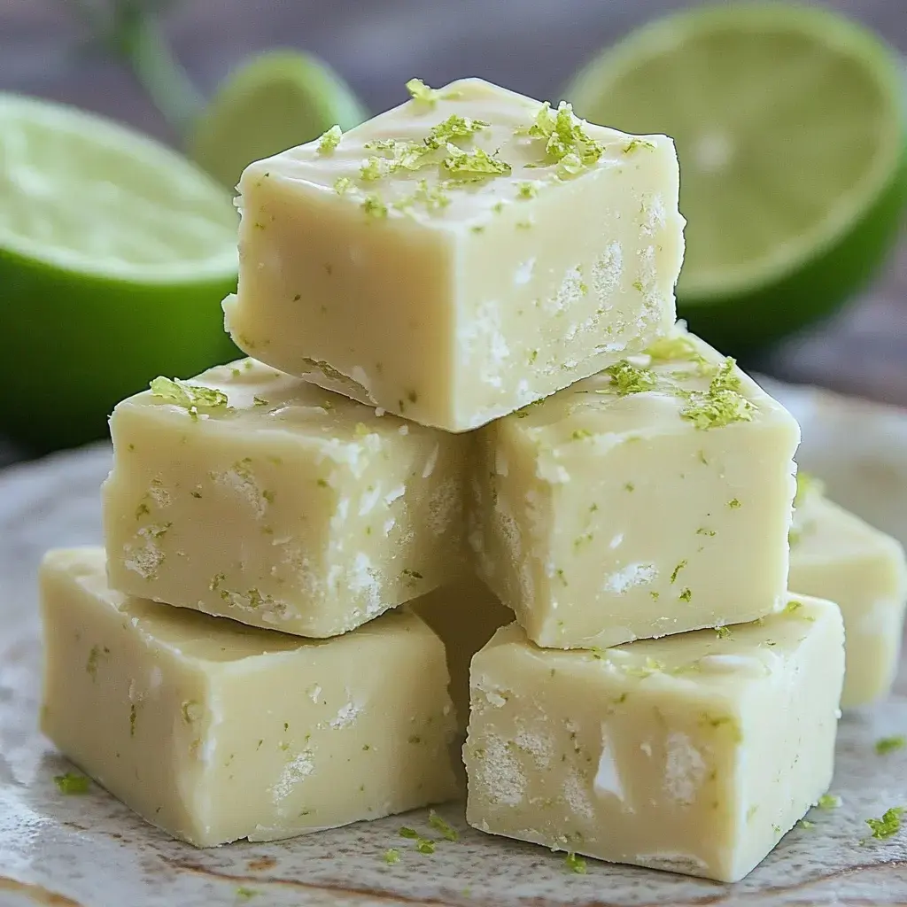 Creamy fudge squares packed with lime zest and slices of lime surround them on the table.