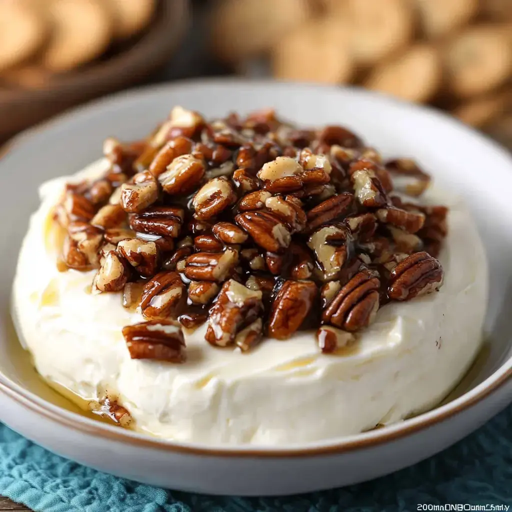 Round of creamy cheese topped with candied pecans in a dish, ready to serve.