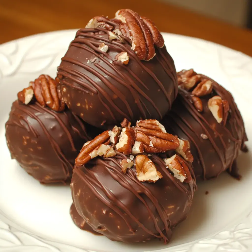 A plate featuring four chocolate truffles, each crowned with chopped pecans and drizzled in chocolate.