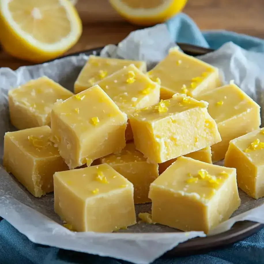 Squares of vibrant lemon fudge topped with zest, displayed on a wooden board with fresh lemon slices.