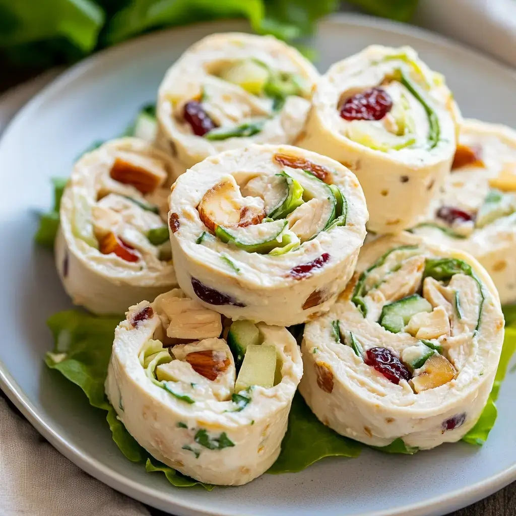 Sliced chicken rolls with spinach, cranberries, almonds, and a soft tortilla resting on a lettuce display.