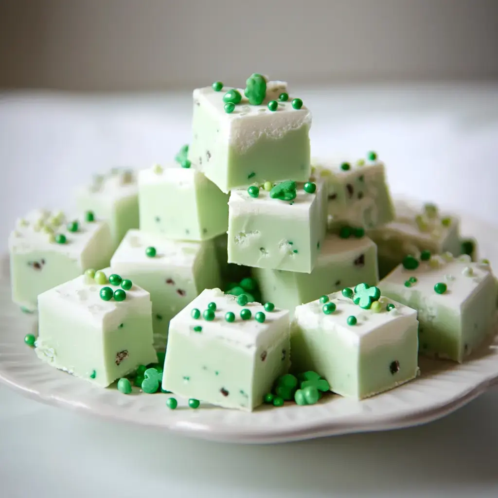 Stacked green fudge cubes decorated with clovers and green sprinkles, sitting on a plate.