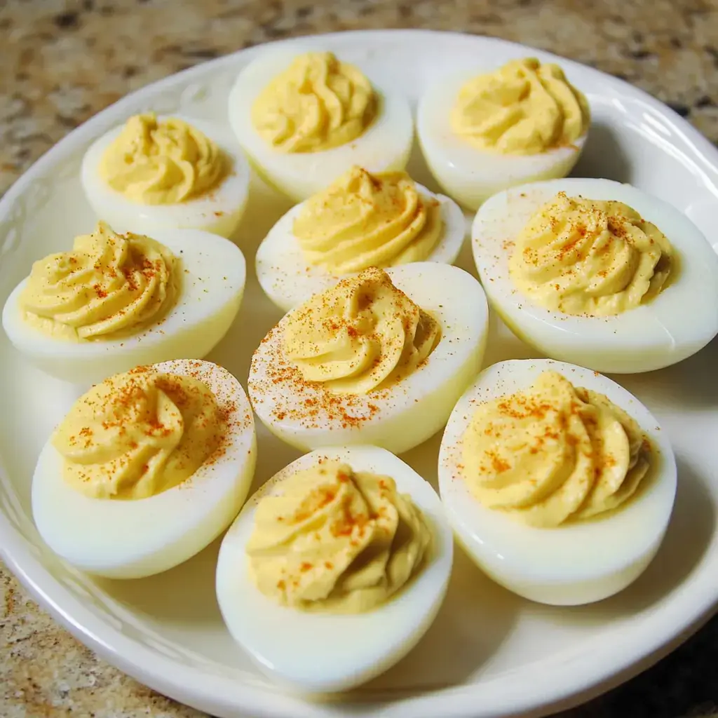 A platter of eggs with a creamy filling topped with paprika.
