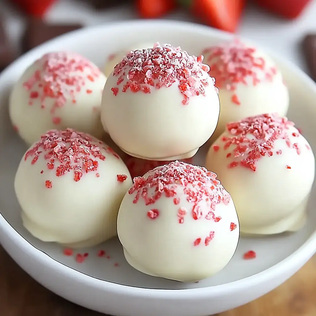 Crushed red candy sprinkled on white chocolate truffles in a bowl.