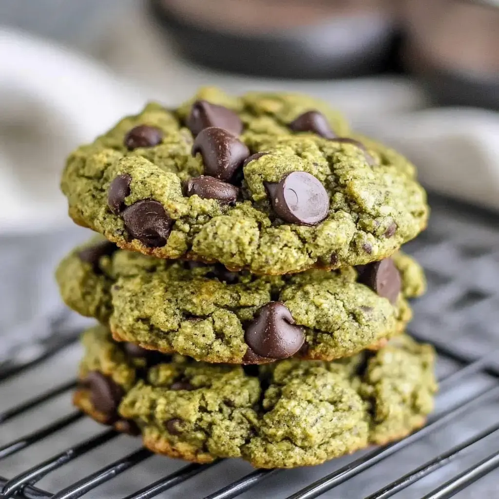 A stack of soft green matcha cookies with dark chocolate chips on a cooling rack.