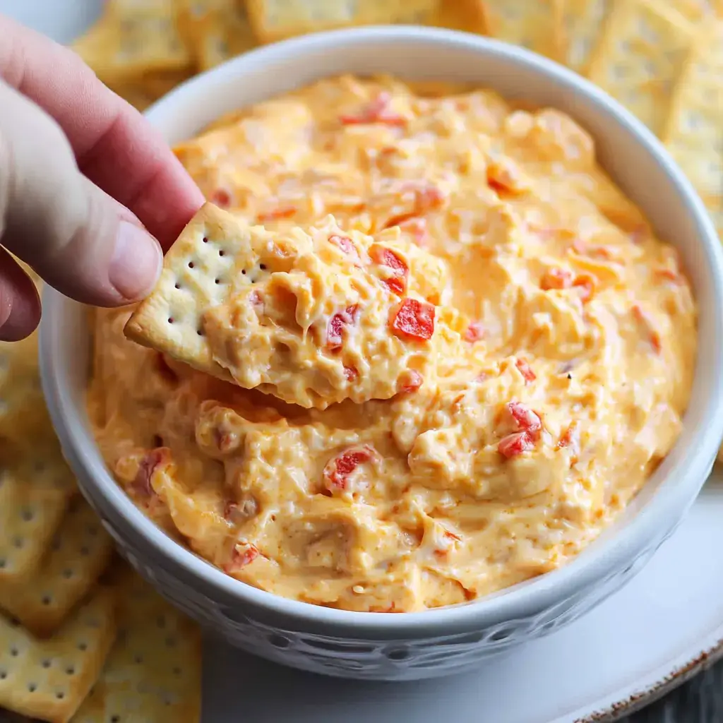 A hand dipping a cracker into a smooth orange mixture with red bits.