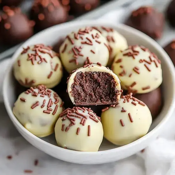 A dish full of truffles has one with a bite taken, showing a rich chocolate center topped with sprinkles.