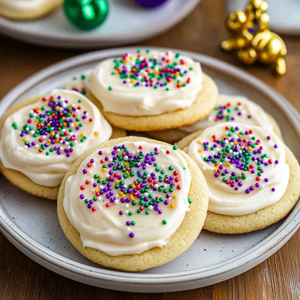 A dish filled with frosted cookies decorated with bright sprinkles.