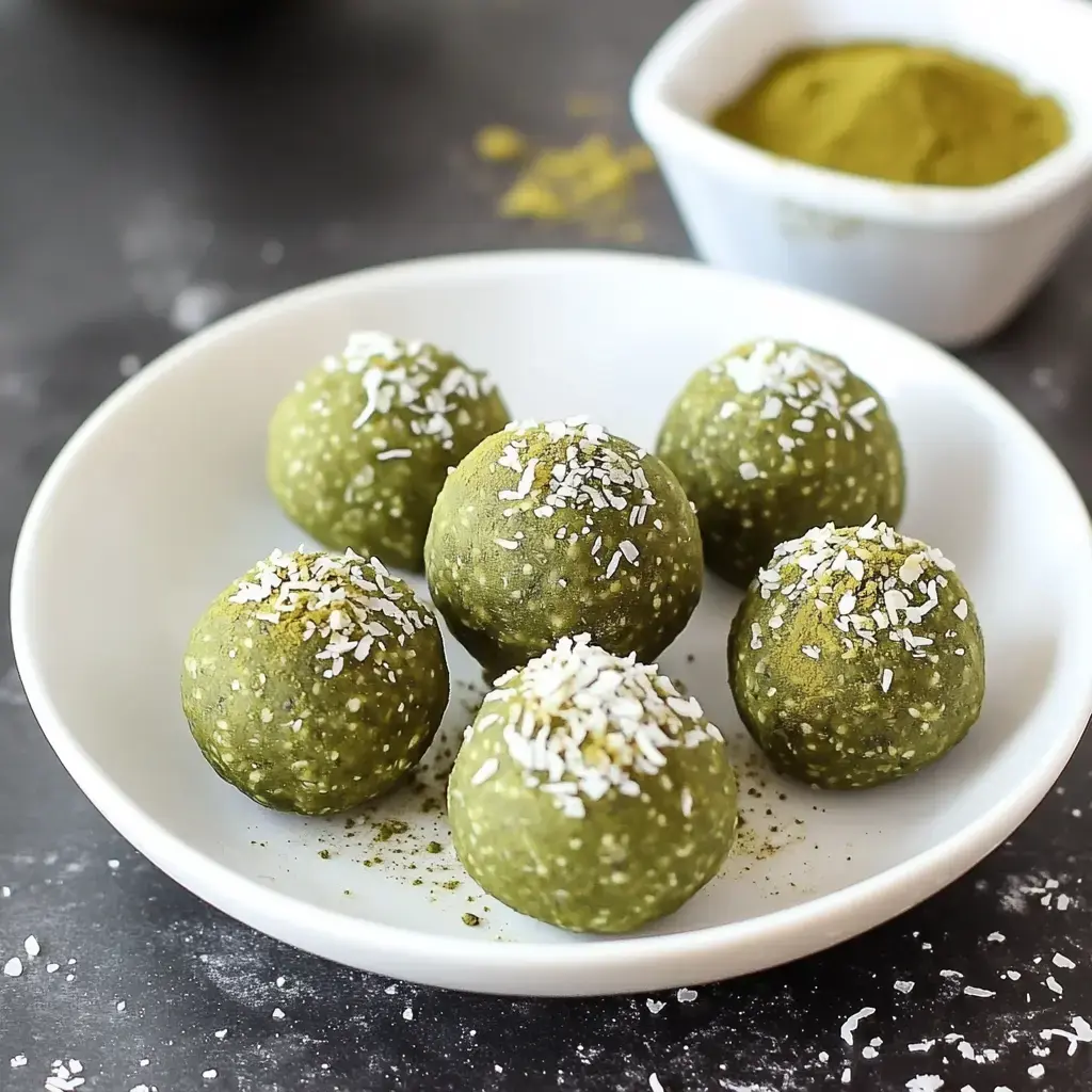 Six green coconut-topped bites on a plate, plus a small bowl of matcha powder nearby.