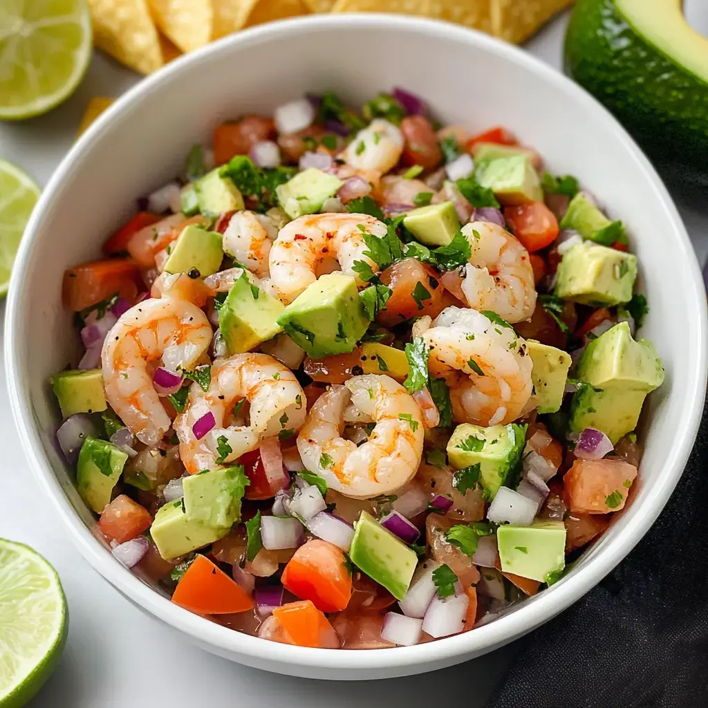 Bright ceviche bowl with shrimp, avocado chunks, diced veggies, and lime slices, paired with crunchy chips.