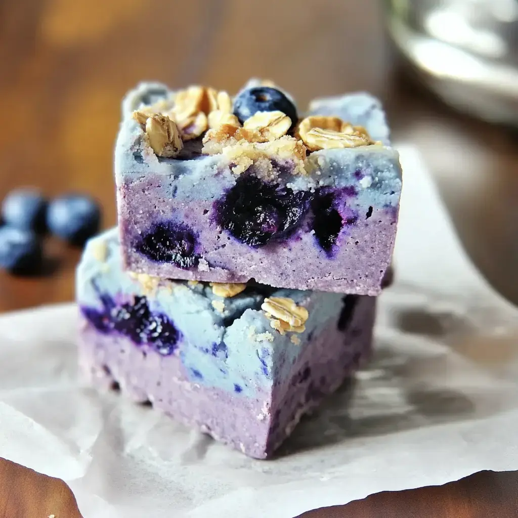 Two layers of sweet blueberry bars with oats on top. Blueberries scattered nearby on parchment paper.