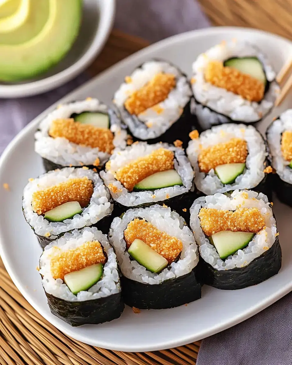 A white plate with sushi rolls filled with cucumber and crispy fish, plus a lime slice on the side.