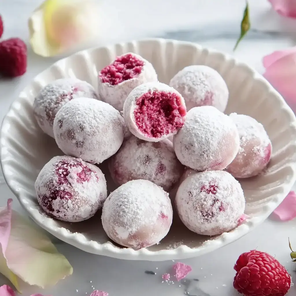 Pink truffles dusted with sugar on a plate, one showing a vibrant pink filling. Raspberries and rose petals scattered around it.