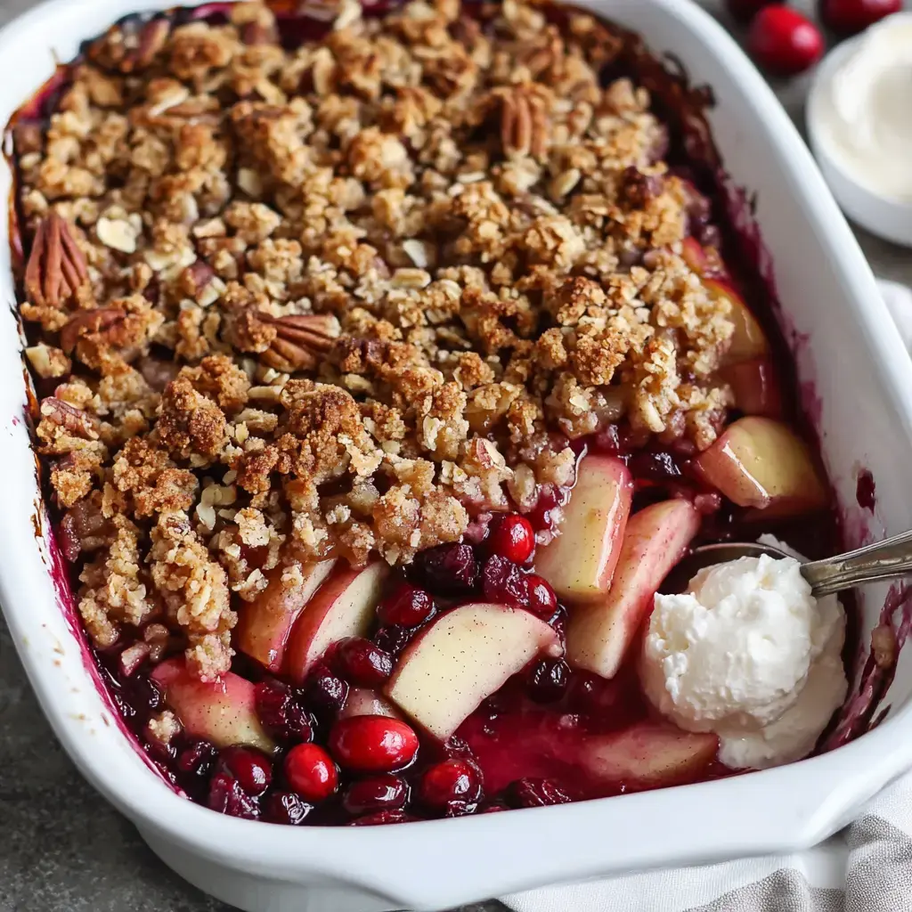 A scrumptious dessert with baked cranberries and apples topped with a golden crumble, served on a plate with whipped cream