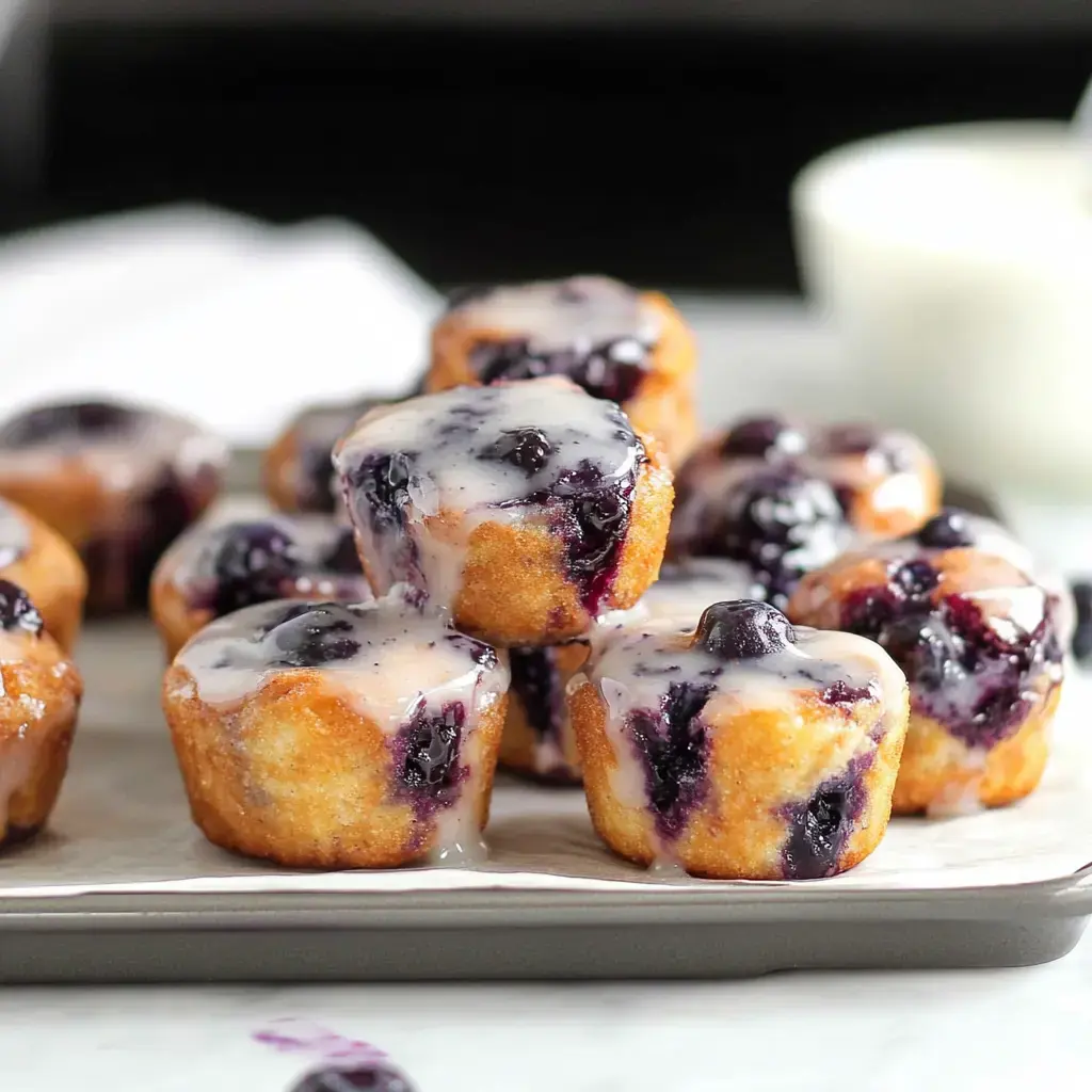 Golden crispy mini muffins with a shiny glaze and a handful of blackberries.
