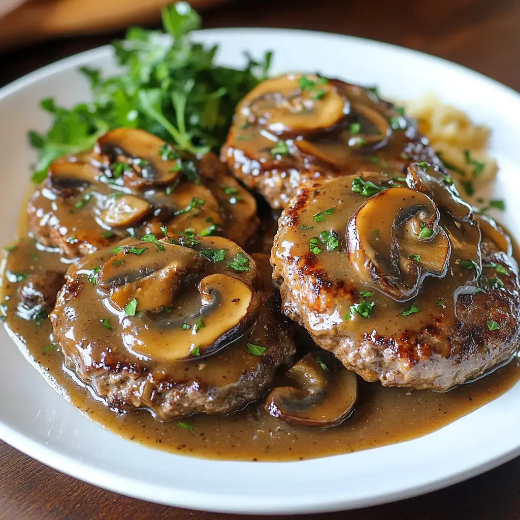 A dish with four beef patties covered in mushroom sauce, garnished with parsley, next to a side of green veggies.