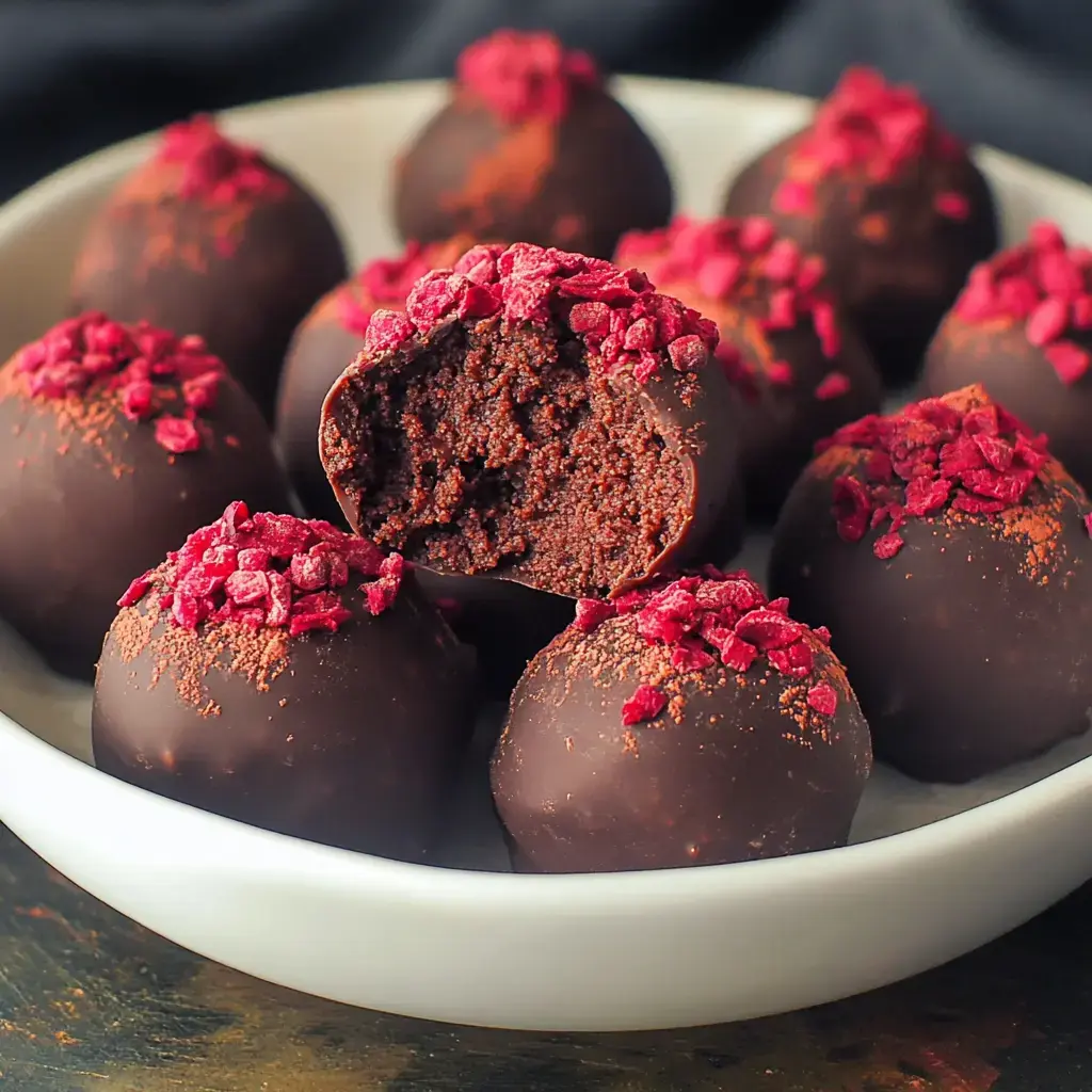 A plate of soft chocolate rounds sprinkled with raspberry bits, one sliced to show the gooey inside.