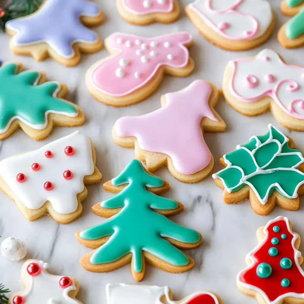 Brightly decorated holiday cookies with Christmas and winter designs on a marble countertop.