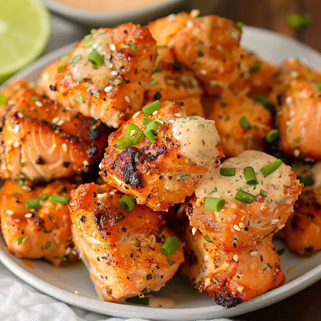 Crispy salmon cubes drizzled with creamy sauce and sprinkled with green onions.