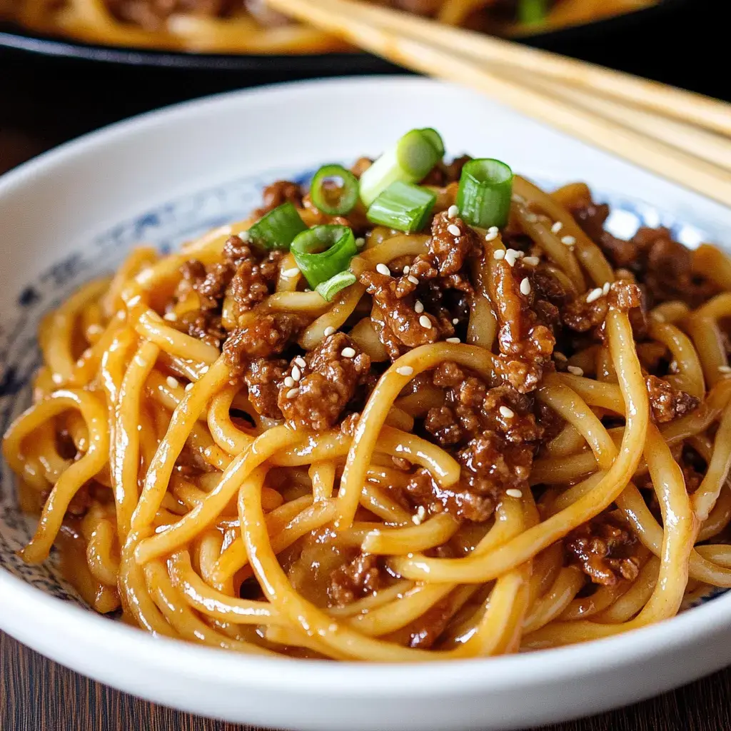A dish of noodles with cooked beef, sesame seeds, and chopped green onions.