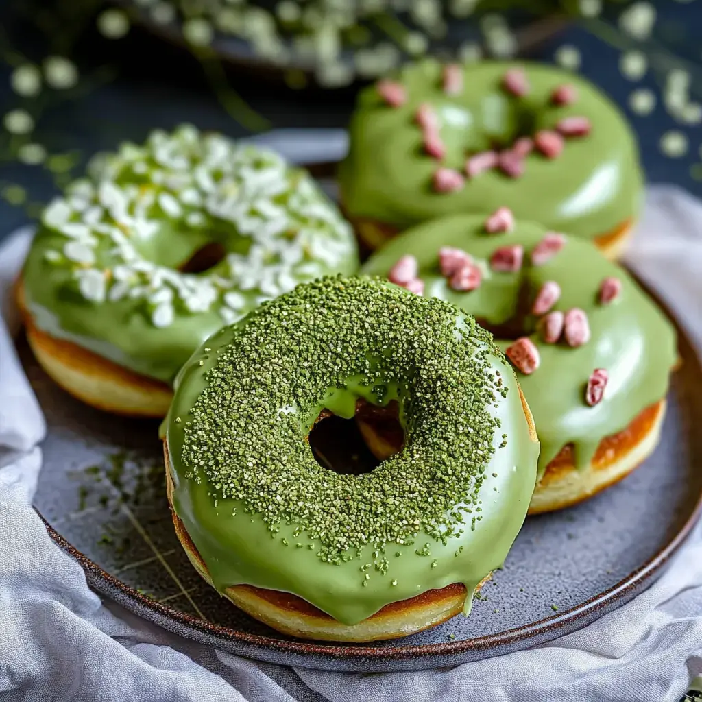 Four green frosted donuts on a plate decorated with edible flowers and pink sprinkles.