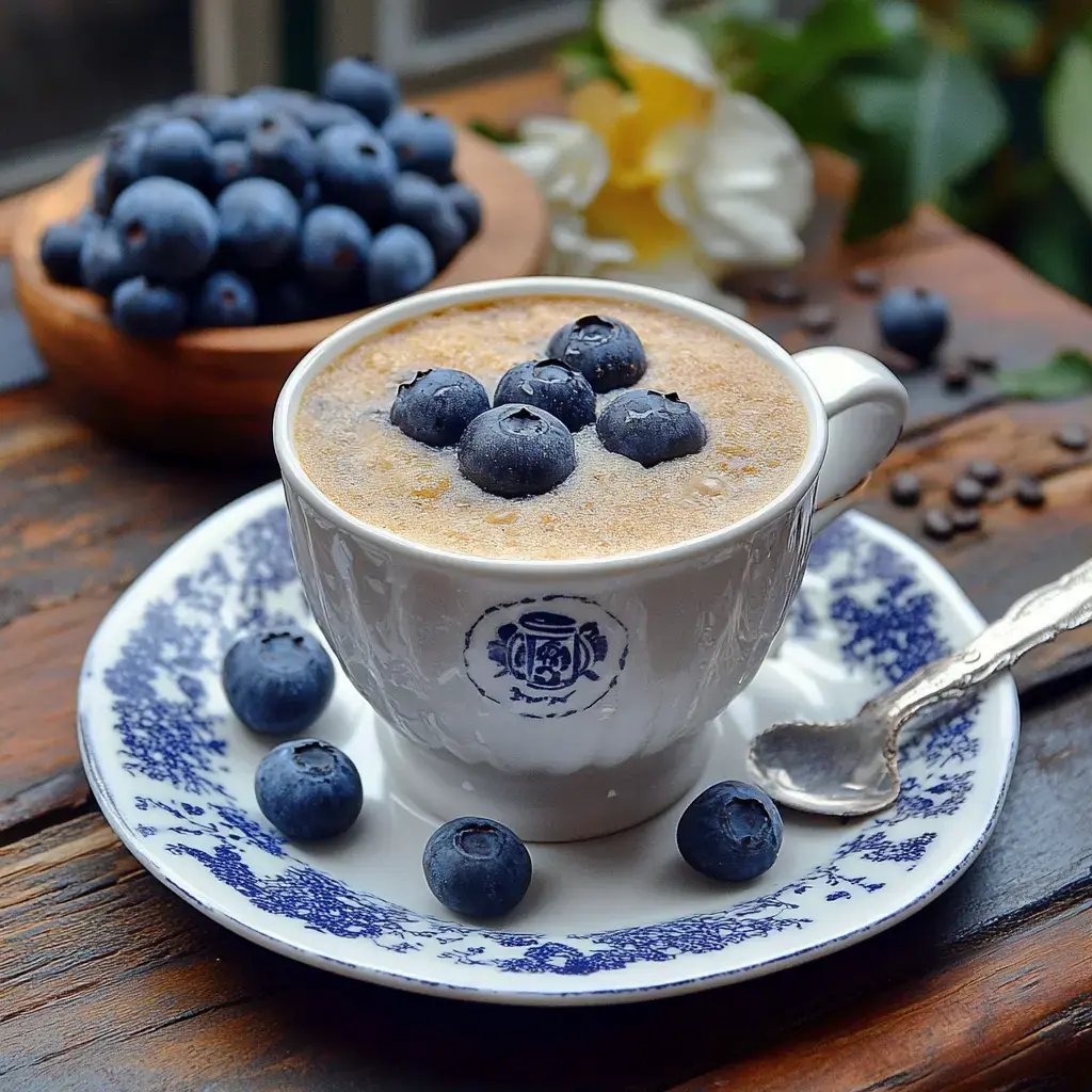 A cup of creamy coffee topped with blueberries, sitting on a blue saucer beside fresh berries and a spoon.