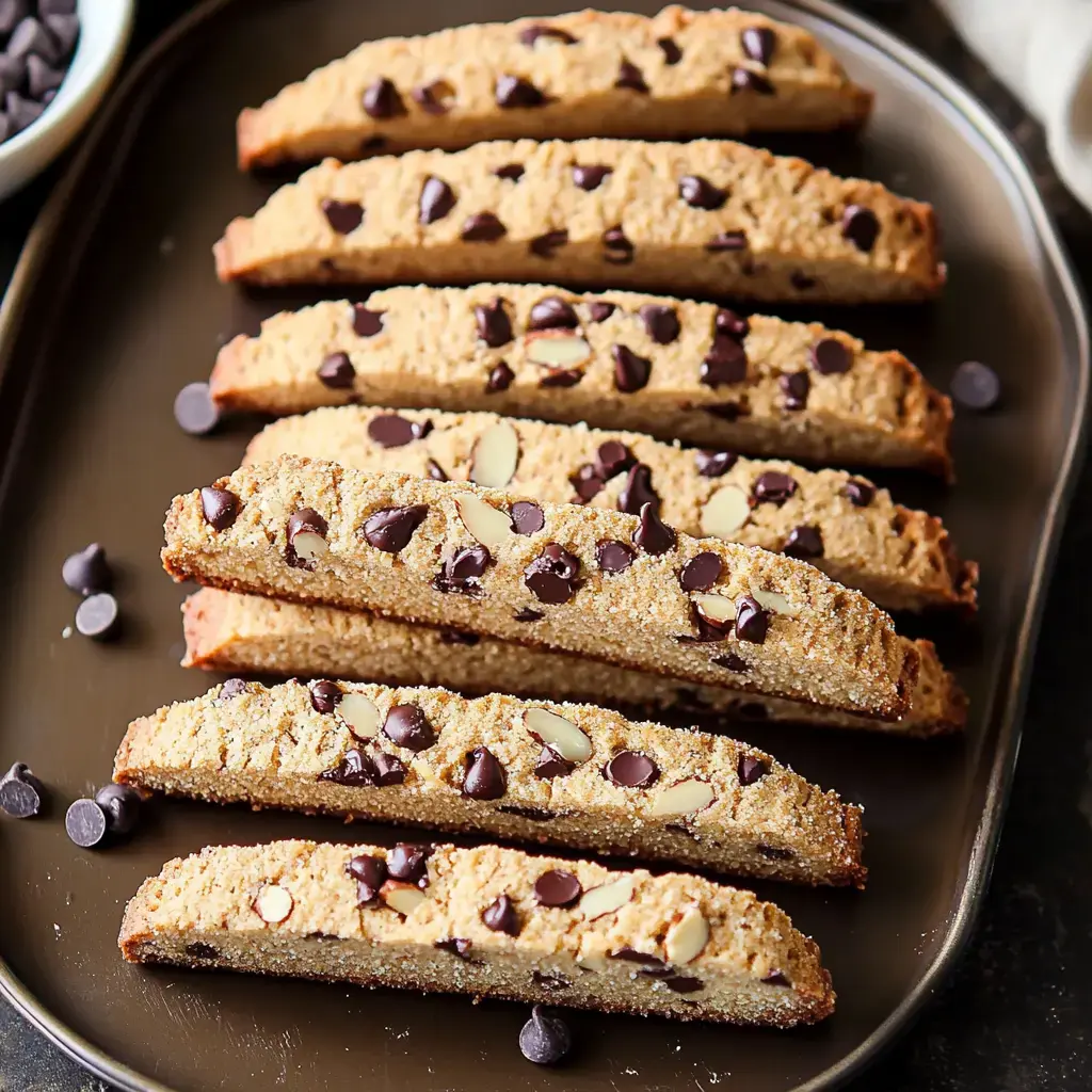 A dish filled with biscotti topped with almond slices and chocolate bits.