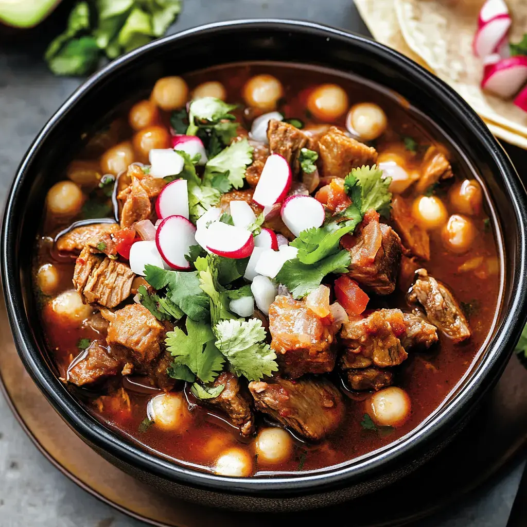 A steaming bowl with pork pozole, garnished with fresh radishes, cilantro, and onions, alongside small dumplings.