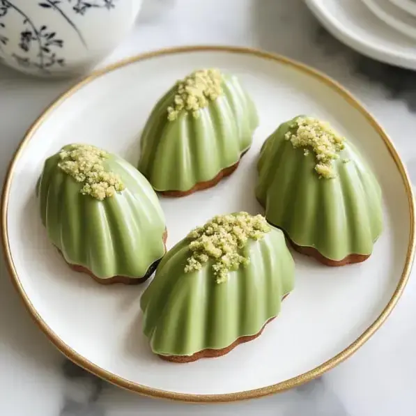 A golden-rimmed white plate holding four shell-shaped green pastries dusted with yellow crumbs.