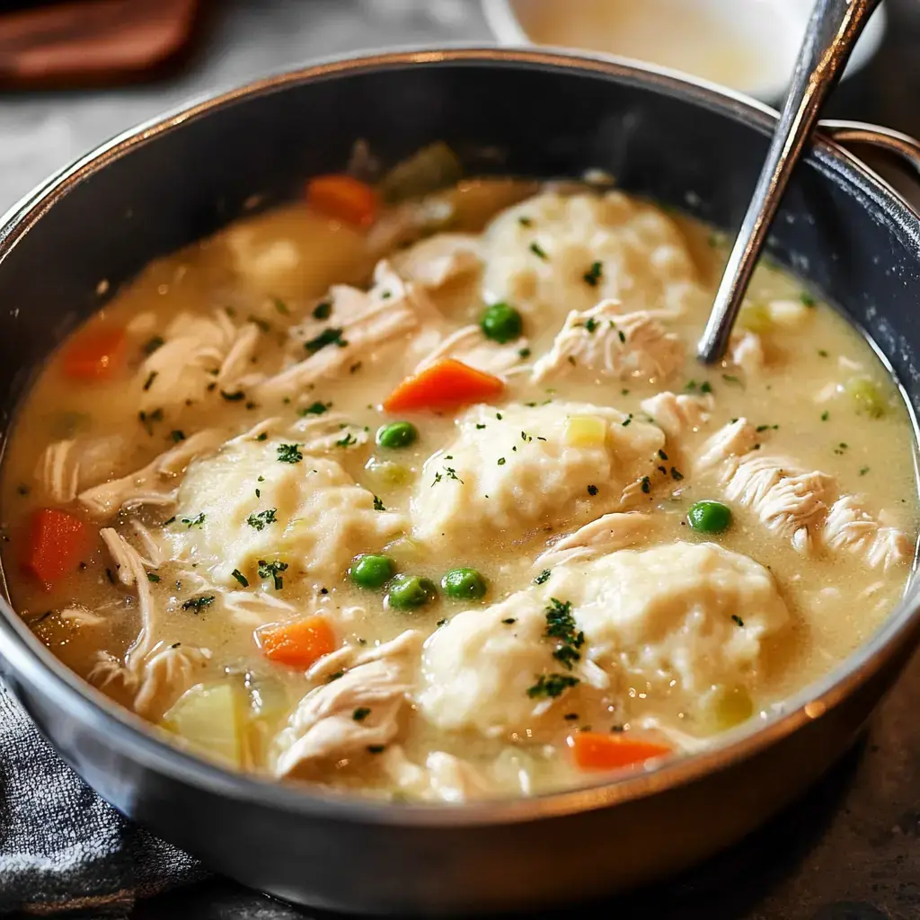 A creamy soup bowl filled with tender chicken chunks, veggies, and soft dumplings. The perfect cozy meal.