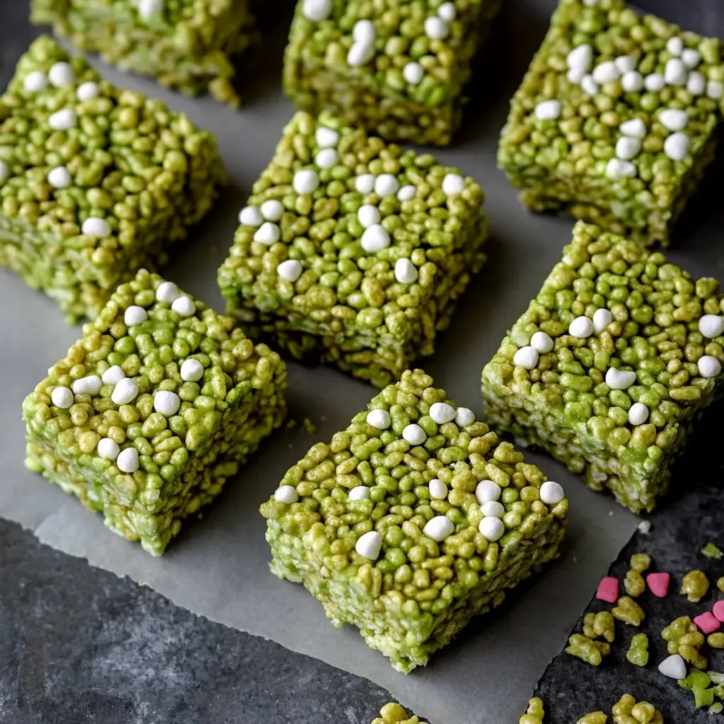 A square of green crispy bars with white drizzle on top, set on a dark backdrop.