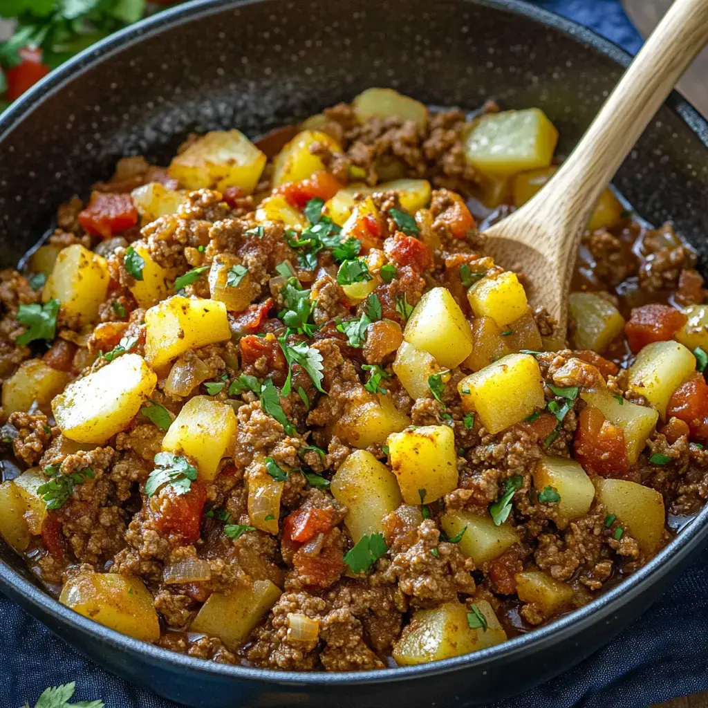 A black bowl filled with a warm beef and potato stew topped with fresh cilantro, next to a wooden spoon.