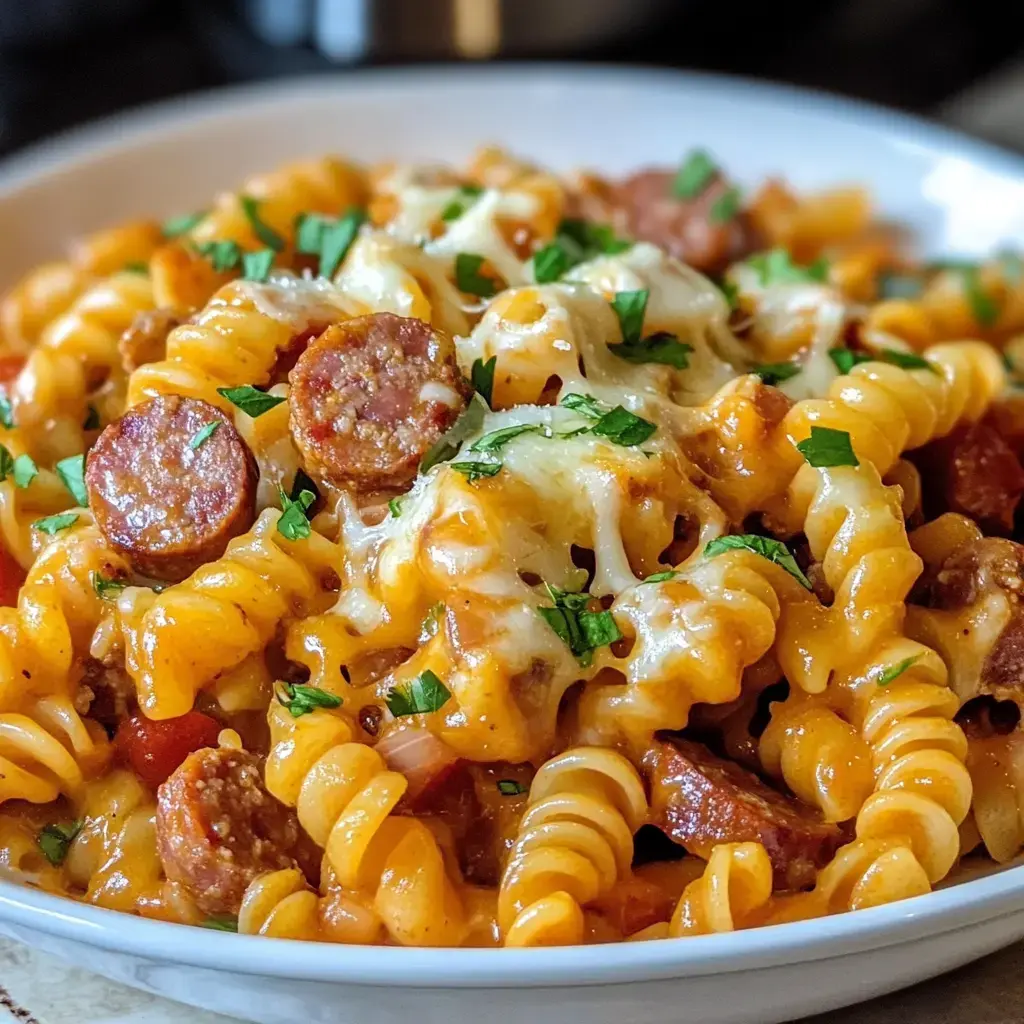A close-up bowl of pasta topped with sausage, melted cheese, and fresh parsley.