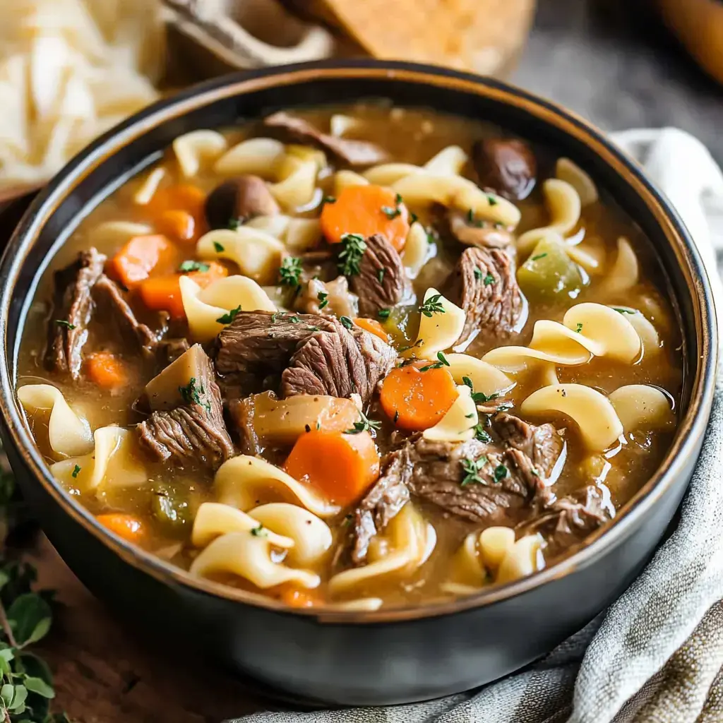 A wooden bowl of hearty soup with beef chunks, spiral noodles, carrots, and herbs.