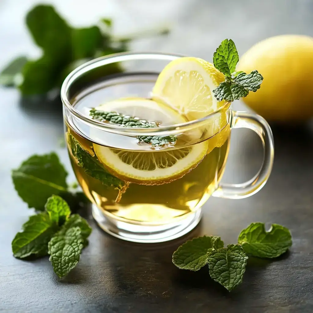 A cozy glass of lemon balm tea with lemon slices and fresh green leaves on top, surrounded by a lemon and more leaves.