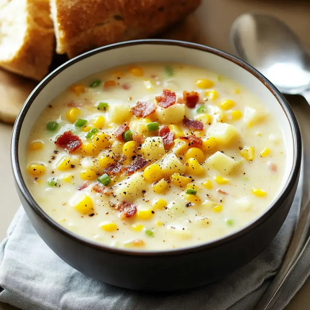 A cozy bowl of corn and potato soup with crispy bacon bits and fresh green onions, served with slices of bread.