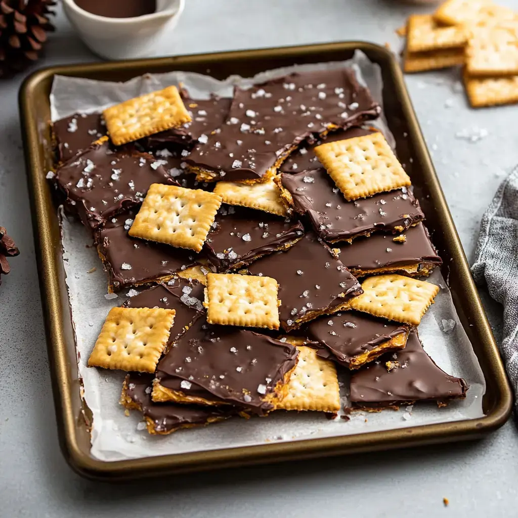 A tray of crunchy chocolate-coated crackers with sea salt garnished, some stacked in front on a cool gray surface.