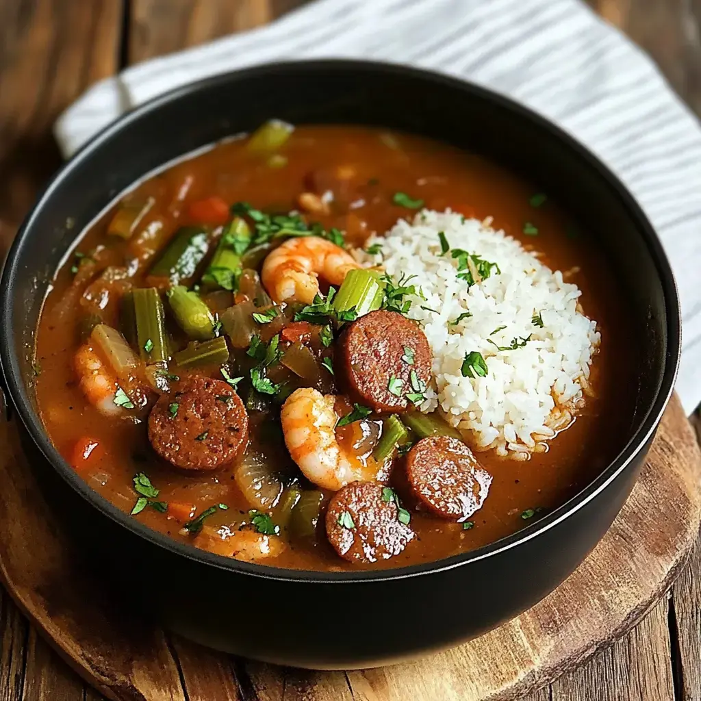 Hearty gumbo with shrimp, sausage, and fluffy rice topped with herbs.