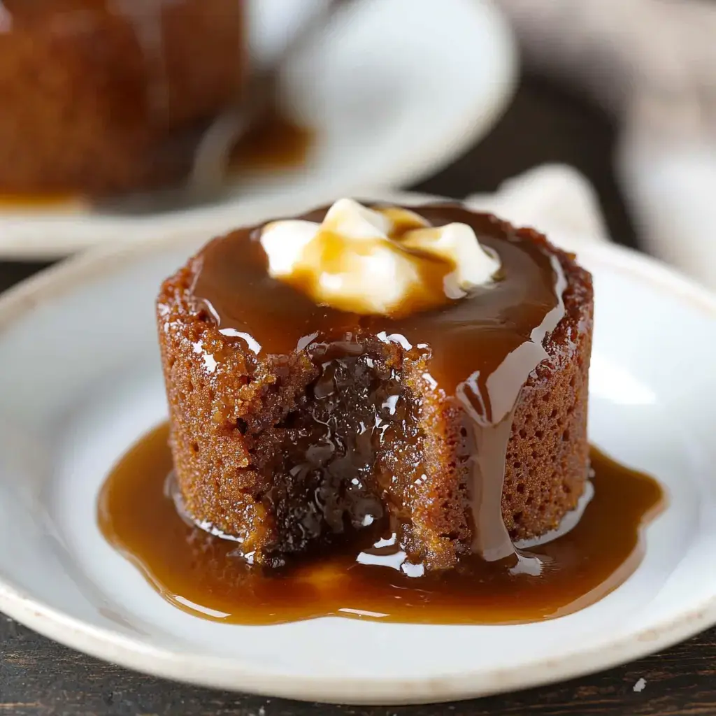 A soft dessert with toffee sauce and cream on top, showing its texture as a piece is removed.