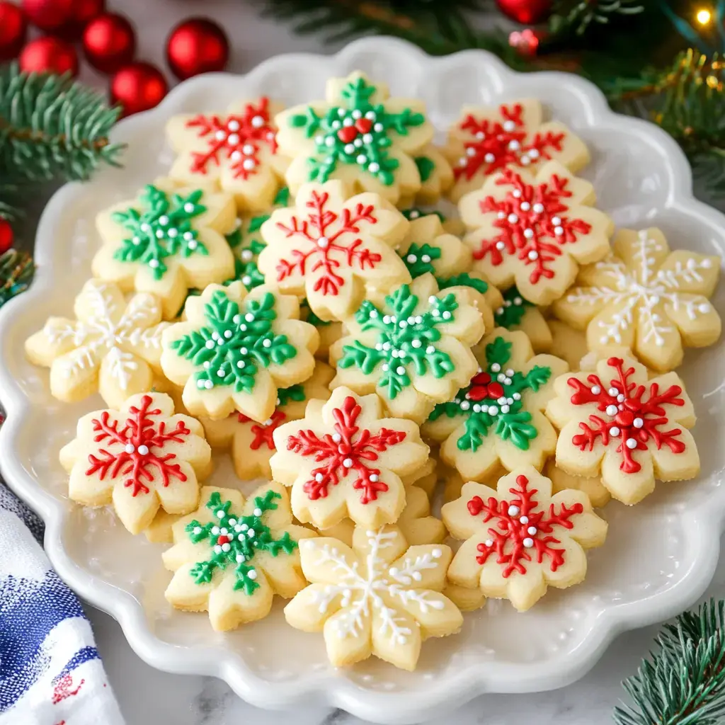 Snowflake-shaped cookies with festive red and green icing on a plate.
