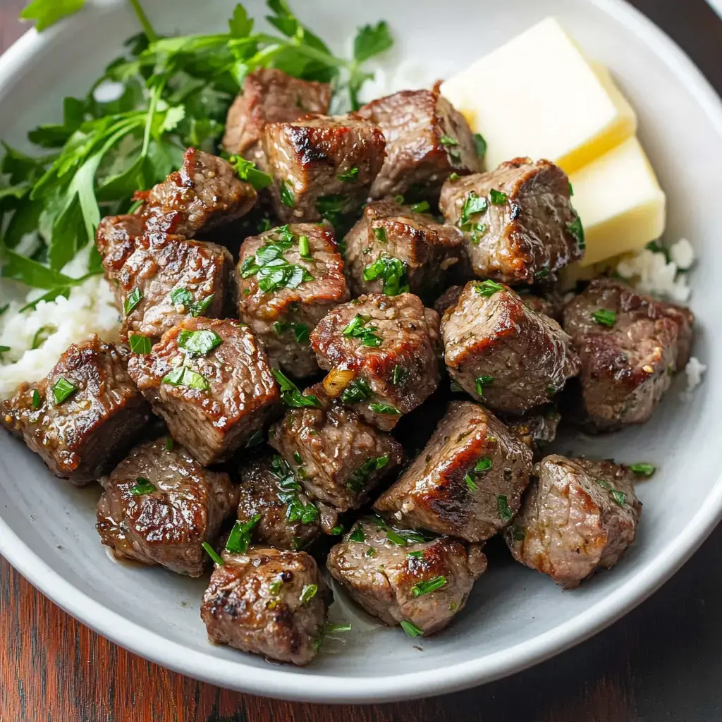 Tender beef cubes cooked with fresh herbs and served over rice with a butter garnish.