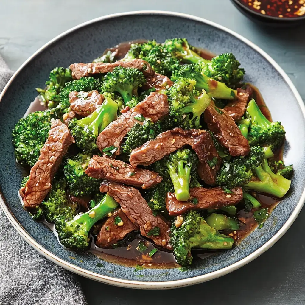 A plate filled with tender beef and broccoli in a glossy sauce, ready to enjoy.