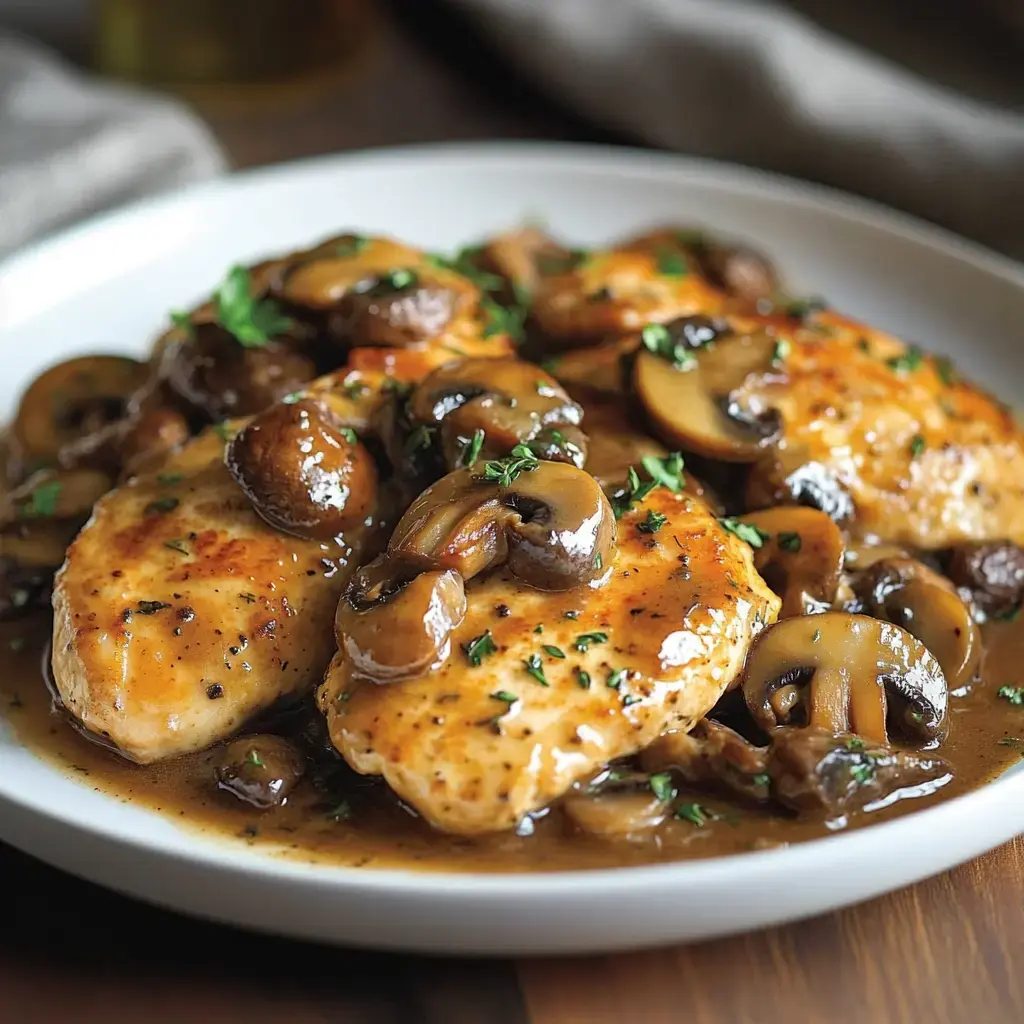 Close-up of golden chicken with mushrooms and herbs on a plate.