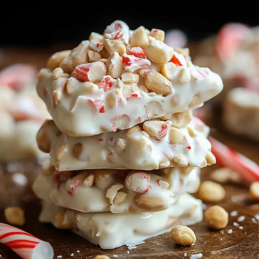 A wooden surface with a stack of peppermint-topped white chocolate bark and peanuts.