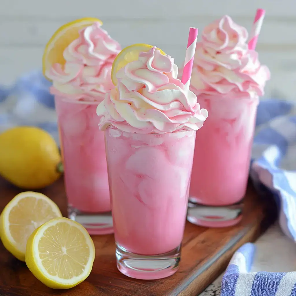 Three tall glasses of creamy pink lemonade topped with whipped cream and lemon slices, surrounded by sliced lemons on a wooden board.